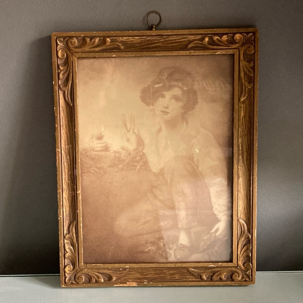 Antique Framed Sepia Tone Child With Rabbit